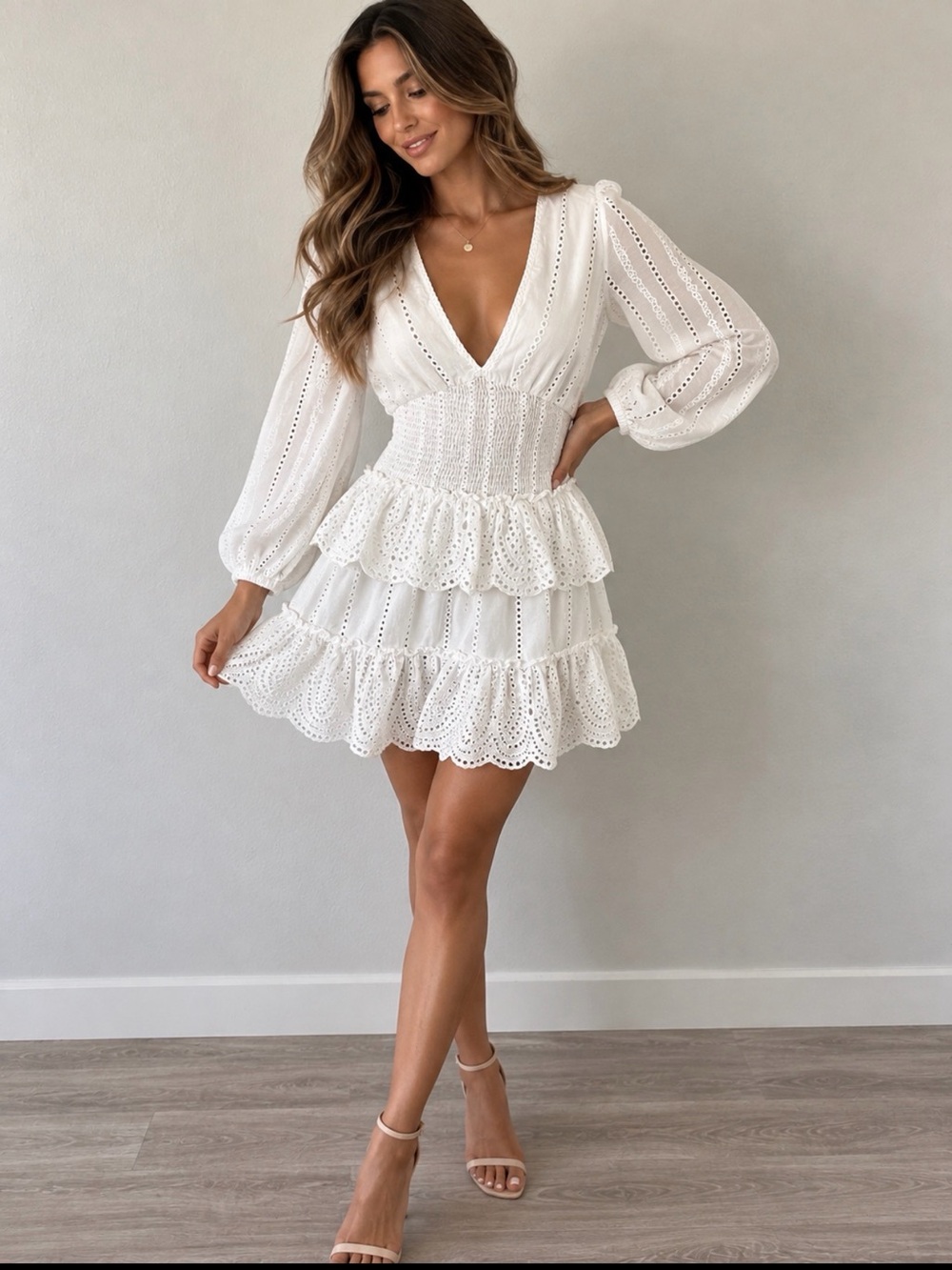 Steve Madden White Eyelet V‑Neck Tiered Mini Dress